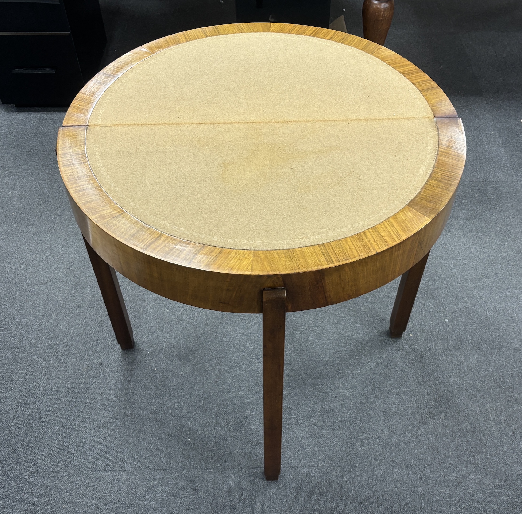 An Art Deco burr walnut D shape card table, width 79cm, depth 40cm, height 76cm